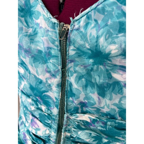 Vintage 1950d Floral  Blue Dress With Puff Sleeves Tulle Puff Skirt Sz Small - Picture 14 of 16